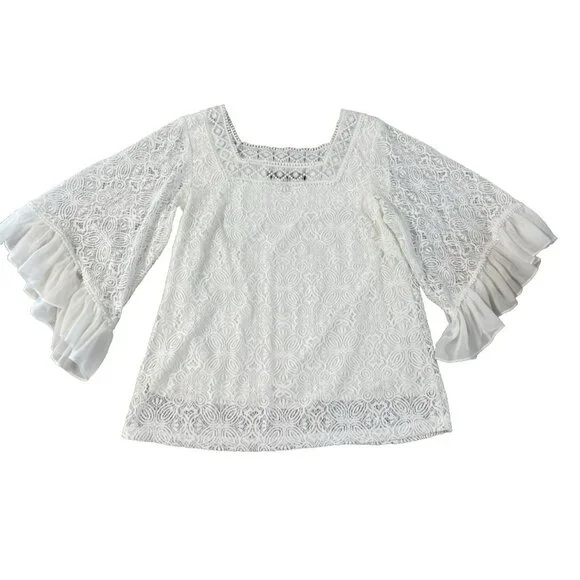 White House Black Market Lined White Lace Top Chiffon Ruffle Sleeves Sze S - Picture 3 of 16